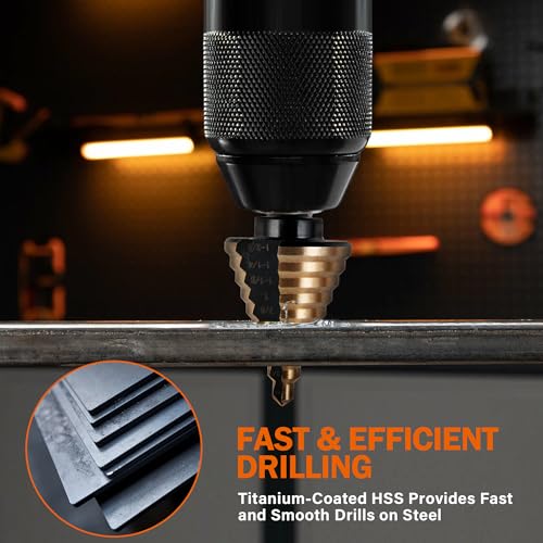 KENDO 6PCS Step Drill Bit Set for Metal, 50 Hole Sizes with Center Punch