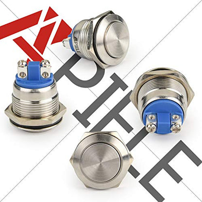 APIELE 19mm Momentary Push Button Switch High Round Cap Waterproof Stainless Steel Metal High Flush Screw Terminals 250V 5A 1NO SPST (Pack of 2) - style: Momentary High Round