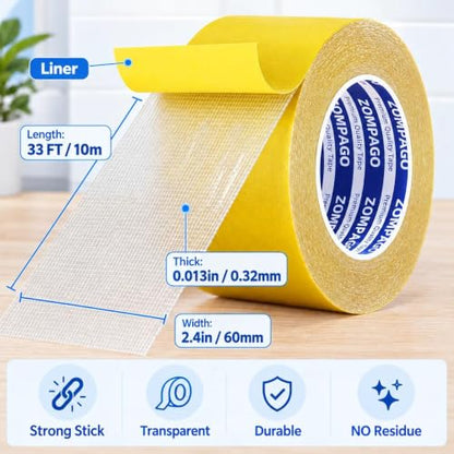 ZOMPAGO Clear Grid Mesh Heavy Duty Double-Sided Mounting Tape,2.4inx33FT - size: 2.4inx33ft