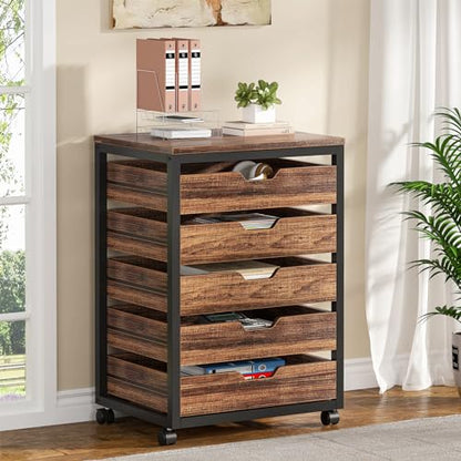 Tribesigns 5-Drawer File Cabinet, Wood Mobile Storage Drawer, Rustic Brown - color: Brown, size: 5 Drawer