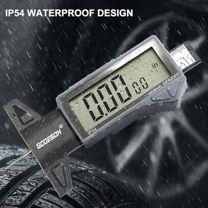 GODESON Digital Tire Tread Depth Gauge - IP54 Waterproof, 2.5" LCD Screen, 3 Modes (Fraction/Inch/MM), 1" Range, Auto-Off, Tire Wear Measure Gauge Tool 32nds for Car, Truck & SUV Tires - style: IP54 IN/MM/FRAC - Grey