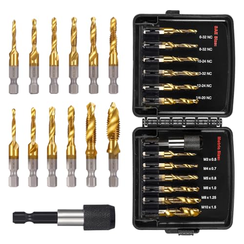 13PCS Titanium Drill Tap Set, HSS SAE & Metric Drill and Tap Bits with Quick Change Adapter, 3-in-1 Tool for Drilling, Tapping, Countersinking for Metalworking (Black) - style: 13pcs-Black