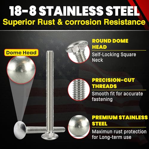 Stainless 1/2-13 x 5 Carriage Bolt (1" to 5" Lengths Available in Listing), 18-8 Stainless Steel, 25 Pieces (1/2-13 x 5) - size: 1/2-13 x 5"