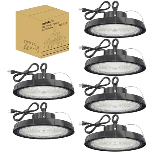 HYPERLITE LED High Bay Lights: 200W 28000LM UFO Led High Bay Lights 5000K AC100-277V with Plug 5' Cable - UFO Light for Garage Shop Factory Warehouse 6 Packs