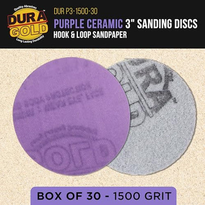 Dura-Gold Premium 1500 Grit 3" Purple Film Ceramic Sanding Discs, Box of 30 - style: 1500 Grit