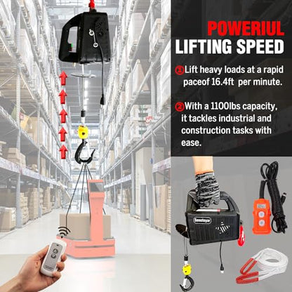 Electric Hoist Winch 3 in 1,1100lbs Electric Hoist 110 Volt 1500W Portable Electric Winch with Remote Control/Manual/Cable,Chain Hoist Overload Protection 25ft Lifting Height for Towing&Copper Motor - color: 3 in 1 Electric Hoist/Manual