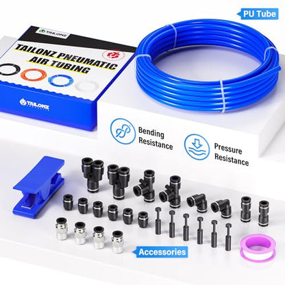 TAILONZ PNEUMATIC Blue 1/2 Inch OD 10 Meter 32.8ft PU Polyurethane Air Tubing Kit Pipe Hose Air Line Tubing Air Hose Fittings Push to Connect Fittings(27PCS) - color: Blue, size: 1/2" OD - 32.8 FT