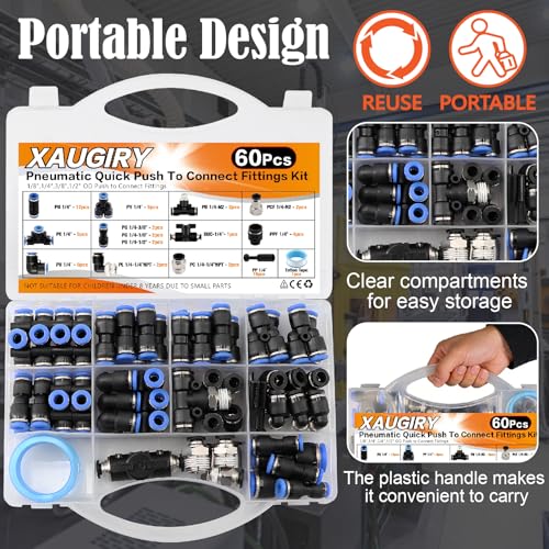 60Pcs 1/4" OD Push to Connect Fittings Kit,Quick Connect Pneumatic Fittings - color: 60Pcs-blue