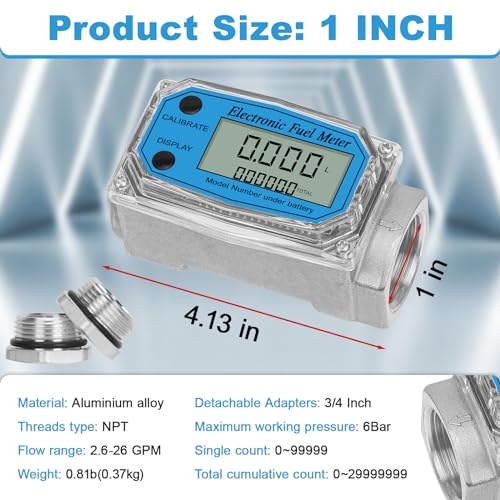 1" 2.6-26 GPM Inline NPT Thread Flowmeter, Digital Turbine Fuel Flow Meter, for Water, Diesel, Gas Oil, Gasoline, and Other Liquids - Supports Gallon, QTS, PTS, L, m³ with 3/4 in Adapters - size: 1 inch & 3/4 inch