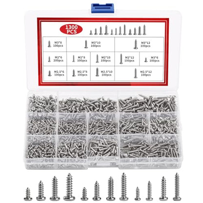 1300 Pcs Silver Wood Screws Kit - M2 M2.5 M3 Pan Head Self-Tapping - color: silver