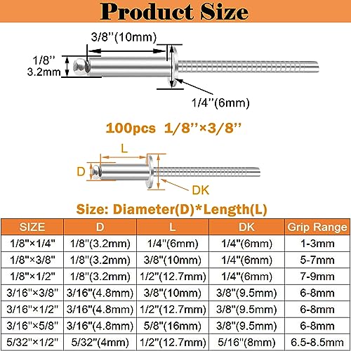 100pcs 1/8 x 3/8 inch 304 Stainless Steel Pop Rivets, 3.2 x 10mm Blind Rivets for DIY/Automotive Repairs/Furniture - size: 1/8" x 3/8", style: 304 Stainless Steel