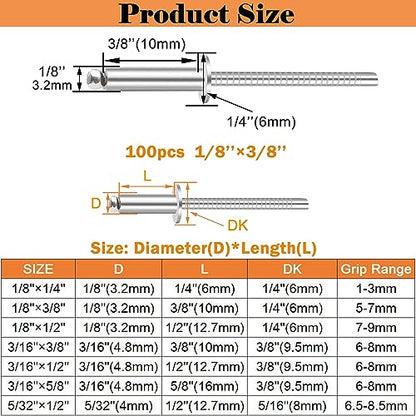100pcs 1/8 x 3/8 inch 304 Stainless Steel Pop Rivets, 3.2 x 10mm Blind Rivets for DIY/Automotive Repairs/Furniture - size: 1/8" x 3/8", style: 304 Stainless Steel