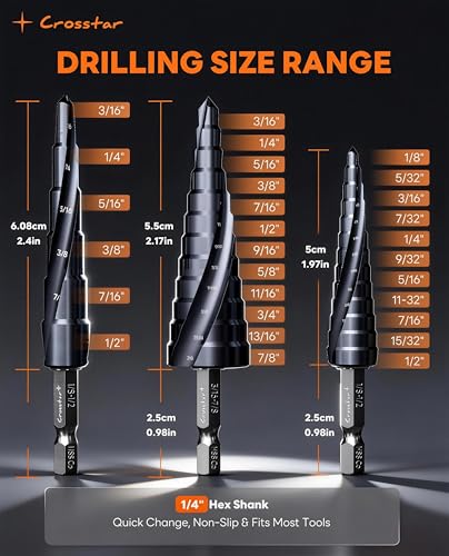Crosstar 5Pc M35 Cobalt Step Drill Bit Set,1/8"-7/8",1/4" Hex Shank Unibit - size: 5pcs set
