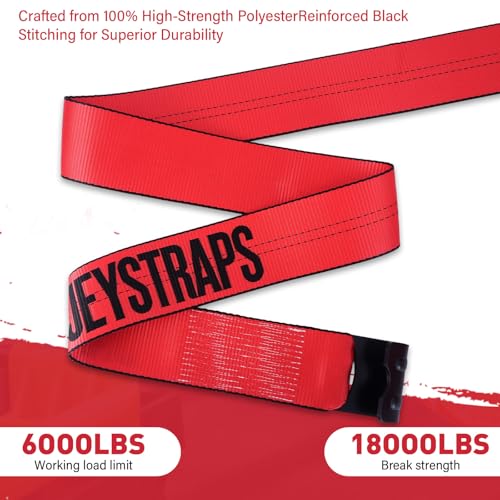 Red Winch Straps 4" x 30 FT - Heavy Duty Flat Hook Tie Downs with 18000lb Break Strength, 6000lb Safe Working Load for Recovery, Flatbed Trailers, Trucks & Farm Use - color: Red