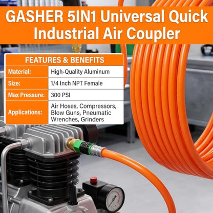 GASHER 1/4" FNPT 5IN1 Universal Quick Industrial Air Coupler Green - color: Green