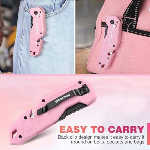 WORKPRO Folding Utility Knife, Quick Change Box Cutter, Pink - color: Pink