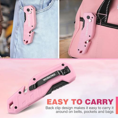 WORKPRO Folding Utility Knife, Quick Change Box Cutter, Pink - color: Pink