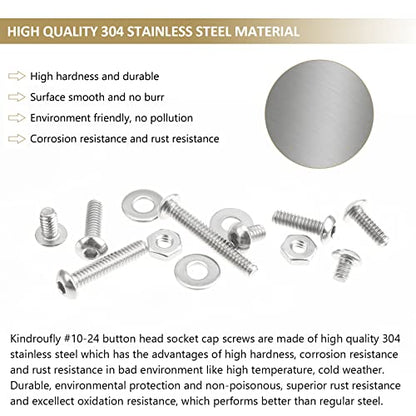 152 Pieces #10-24 x 1/4", 5/16", 3/8", 1/2", 5/8", 3/4", 1", 1-1/4", Button Head Socket Cap Screws Nuts Washers Assortment Kit, 304 Stainless Steel, Fully Machine Thread - size: #10-24, style: Button Head