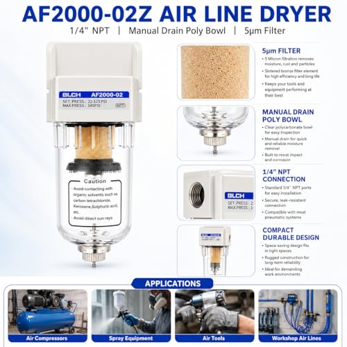 BLCH 1/4" NPT Air Line Dryer - Air Dryer for Compressor,Compressed Air Dryer Air Drying System AF2000-02Z Manual Drain Poly Bowl 0-160 PSI 5μm - style: AF2000-02