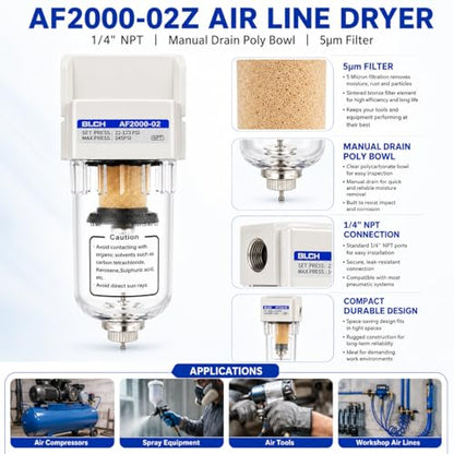 BLCH 1/4" NPT Air Line Dryer - Air Dryer for Compressor,Compressed Air Dryer Air Drying System AF2000-02Z Manual Drain Poly Bowl 0-160 PSI 5μm - style: AF2000-02