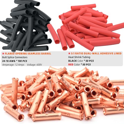SVAAR 24-18 Gauge Flared Barrel Butt Splice Connectors Kit 100PCS 24-18 AWG Non-Insulated Butt Connectors Bare Copper Flared Compression Butt Splices Crimp Butt Terminals+100PCS 3:1 Heat Shrinks - color: Bare Copper