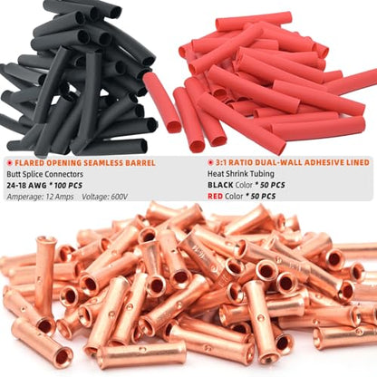 SVAAR 24-18 Gauge Flared Barrel Butt Splice Connectors Kit 100PCS 24-18 AWG Non-Insulated Butt Connectors Bare Copper Flared Compression Butt Splices Crimp Butt Terminals+100PCS 3:1 Heat Shrinks - color: Bare Copper