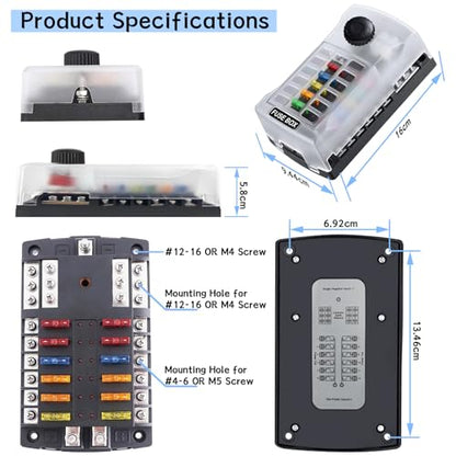 300A 12 Way Blade Fuse Block, Waterproof 12 Circuits Boat Fuse Box Panel with Dual Positive Power Inputs and Negative Bus, Standard ATC/ATO Fuse Holder with LED Indicator, for 12V/24V Car Truck Marine