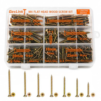 M4 Flat Head Wood Screw Assortment Kit, 250 PCS Wood Screws Assortment, 7 Lengths (16mm, 20mm, 25mm, 30mm, 35mm, 40mm, 50mm), Yellow Zinc Plated Carbon Steel, Clear Organizer Box
