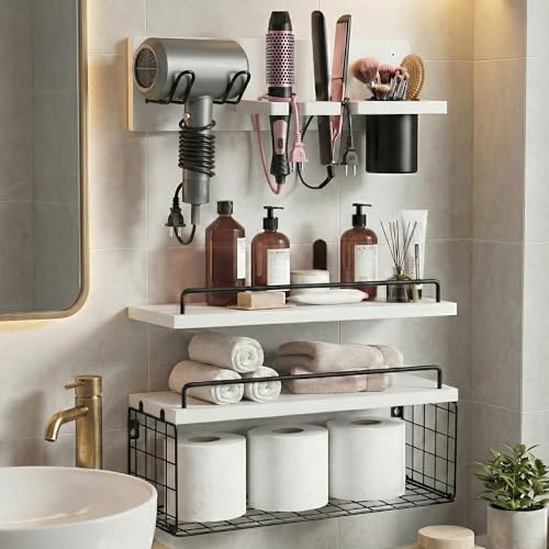 3-Tier Bathroom Floating Shelves with Hair Dryer Holder, White - color: White