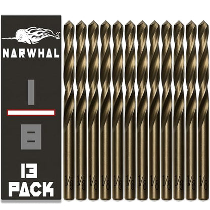 Narwhal 1/8 Inch Cobalt Drill Bits (13 Pack - Industrial Grade M35 Cobalt) 2.55" Length & 135 Degree Split Point for Drilling Into Metal, Hardened & Stainless Steel, Cast Iron, & More! - size: 1/8 in