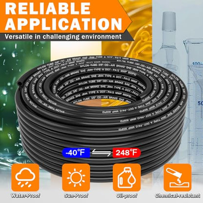 CheeMuii 100FT 3/8" DOT Air Line 3/8 Air Hose PA12 Nylon Pneumatic Tubing - color: Black, size: 3/8"OD-100FT
