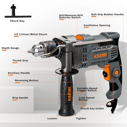 KSEIBI Hammer Drill 7.5 Amp, 1/2 Inch All-Metal Keyed Chuck, Corded Electric Impact Drill, Variable Speed 0-3000 RPM with Side Handle & Depth Gauge — Drills Concrete, Brick, Metal, Wood & Masonry
