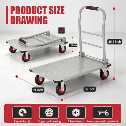 Heavy Duty 1800LBS Steel Platform Truck Cart – 36"x24" Flatbed Push Cart, 6" Swivel Wheels & Brakes, Collapsible Handle, Utility Dolly for Warehouse & Garage – Silver + Orange Wheels