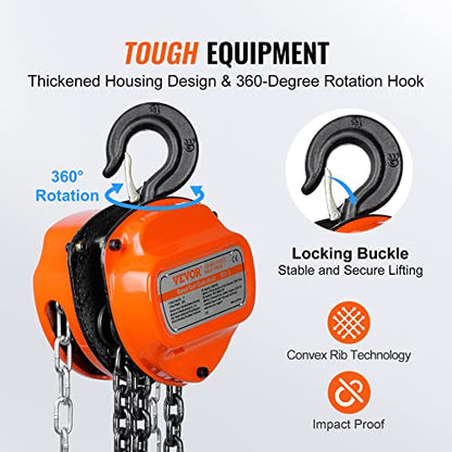 VEVOR Hand Chain Hoist, 1 Ton 2200 lbs Capacity 20 FT Come Along, G80 Galvanized Carbon Steel with Double-Pawl Brake, Auto Chain Leading & 360° Rotation Hook, for Garage Factory Dock - size: 1T 20FT