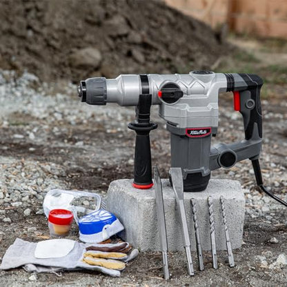 XtremepowerUS 1200W Electric Rotary Hammer SDS Plus Drill Swivel Adjustable Handle Drilling With Flat Chisels, Point Chisels and 3 Drill Bits Carrying Case - size: 1200W