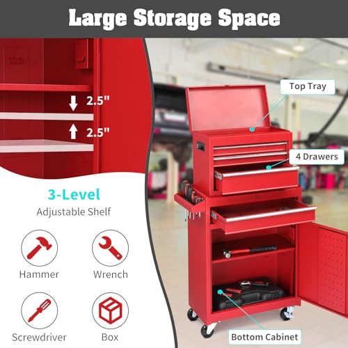 Winado 4-Drawer Rolling Tool Chest, 2-in-1 Large Storage Toolbox, Red - color: Red