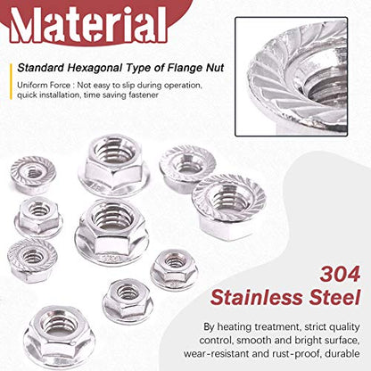 Hilitchi 100Pcs 304 Stainless Steel Serrated Flange SAE Hex Lock Nuts 1/4-20 5/16-18 3/8-16 10-24 8-32 6-32 Bright Finish Hex Flange Nuts Assortment Kit - size: 100Pcs SAE Hex Flange Nuts
