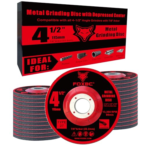FOXBC 4-1/2 Inch Grinding Wheels for Angle Grinder, Aluminum Oxide Grinding Disc for Metal & Stainless Steel, Type 27, Depressed Center 4-1/2" x 1/4" x 7/8" - 25 Pack