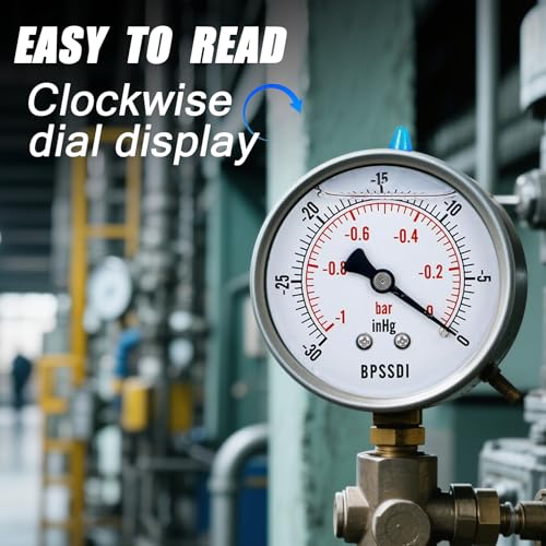 30 inHg Vacuum Silicone Oil Liquid Filled Low Pressure Gauge, 2.5" Dial Size, 1/4" NPT Lower Mount, 304 Stainless Steel Case, for Water Pipe, HVAC, Water Oil Air Pressure Test - size: -14.7-0 psi, style: Lower Mount