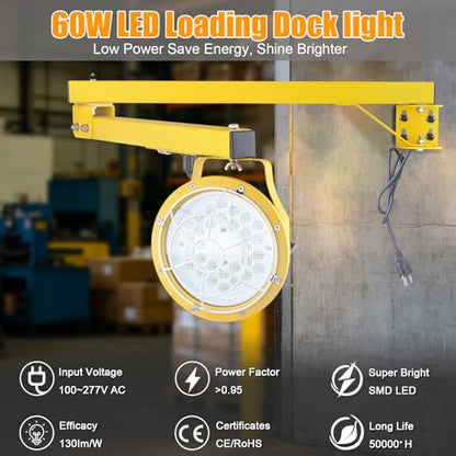 LED Loading Dock Light with 43" Adjustable Swing Arm, 30W/50W Selectable, 5500LM 3CCT (3000K/4000K/5000K), IP65 Waterproof, 360° Rotatable Work Light for Warehouse, Trailer, Garage, 100–277V ETL