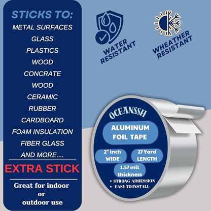 Aluminum Tape - High Temp & Waterproof Foil Tape for Ductwork & Insulation, Strong Adhesive, Heavy Duty Silver Tape, 2" x 27 Yards, Ideal for Sealing & Repairs (1.57 mil) - size: 2"inch*27 yard (1.57 mil)