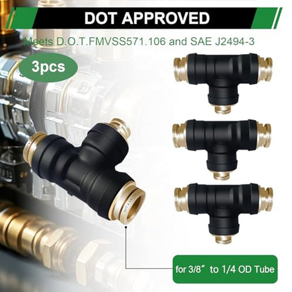 3/8" DOT Air Line Fittings Tee 3PCS, 3/8" OD x 3/8" OD x 1/4" OD - color: 3/8" * 3/8" * 1/4" 3PCS
