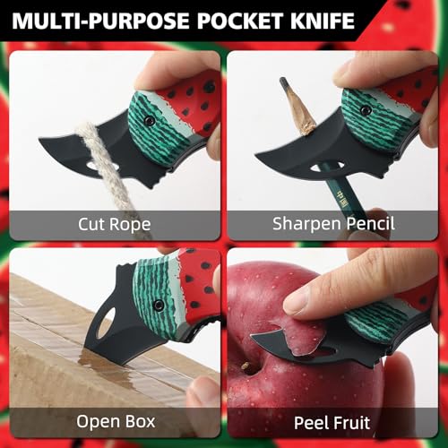 Small Pocket Knife for Women Men, Cute Folding Knife Box Cutter, Mini EDC Knives for Everyday Carry, Folding Utility Knife with Unique Watermelon Design, Ideal Gifts for Men and Women - color: Watermelon