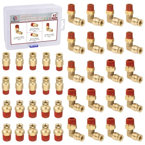40PCS Straight & Elbow Brass Air Fittings Kit, 1/4" Tube x 1/8" & 1/4" NPT - size: 1/4"OD × 1/4"+1/8"NPT Thread - 40pcs