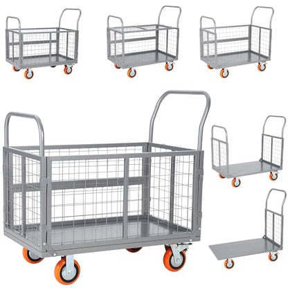 Platform Truck Cart with Cage, 6-in-1 Multi-Purpose Push Cart Dolly, Foldable Hand Truck Load 1800 LBS with 4 Wheels Flatbed Cart for Grocery, Laundry, Garage, Warehouse,Silver - color: Silver