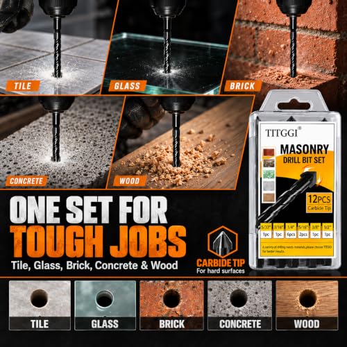 12Pcs Wide-Tip Masonry Drill Bit Set & Concrete Drill Bit Set, 5/32"-1/2" - size: 12 pcs 5/32"-1/2" Masonry Drill Bit Set