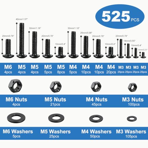 525PCS Machine Screws Assortment Kit, M3 M4 M5 M6 Phillips Head Nuts and Bolts Assorted Set with Storage Case, Metric Bolts Nuts and Flat Washers Kit - color: Black, size: 525PCS-M3 M4 M5 M6
