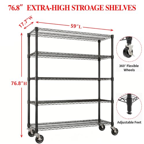 Garvee 3300LBS Metal Shelving with Wheels, Storage Shelves 73" Hx59 W - size: 73"H x 59"W x 17.1"D(5-Tier)