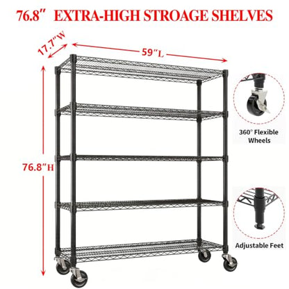 Garvee 3300LBS Metal Shelving with Wheels, Storage Shelves 73" Hx59 W - size: 73"H x 59"W x 17.1"D(5-Tier)