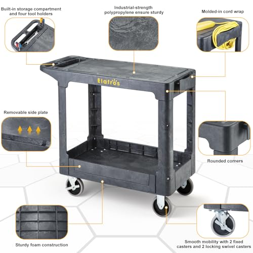 ELAFROS Heavy Duty Plastic Flat Top Mail Utility Cart, 37 x 18.8 in, Gray - color: Gray, size: 2 fixed 2 swivel casters